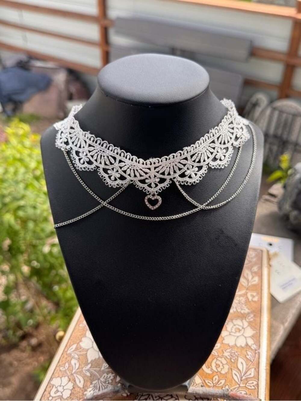 Silver Lace Multi-Layer Choker Necklace with Heart Pendant